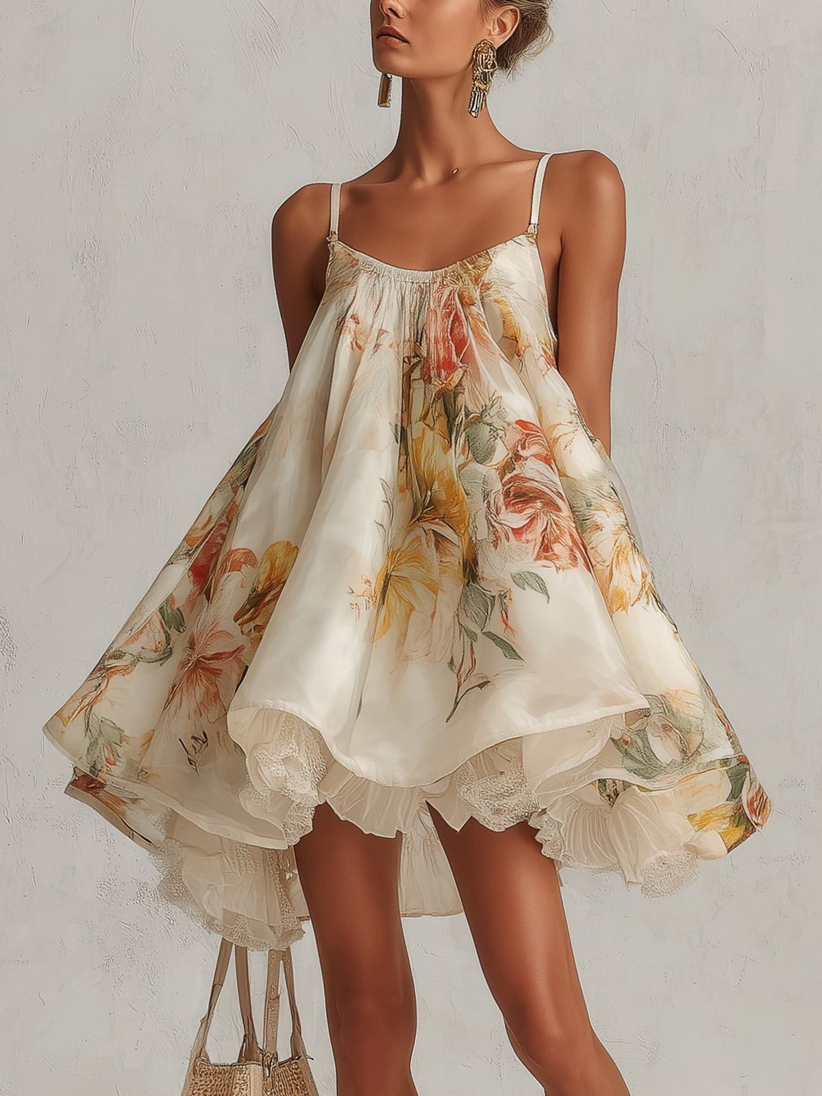 Béatrice | Mini Vestido Trapecio de Organza Floral Beige, Borde de Encaje