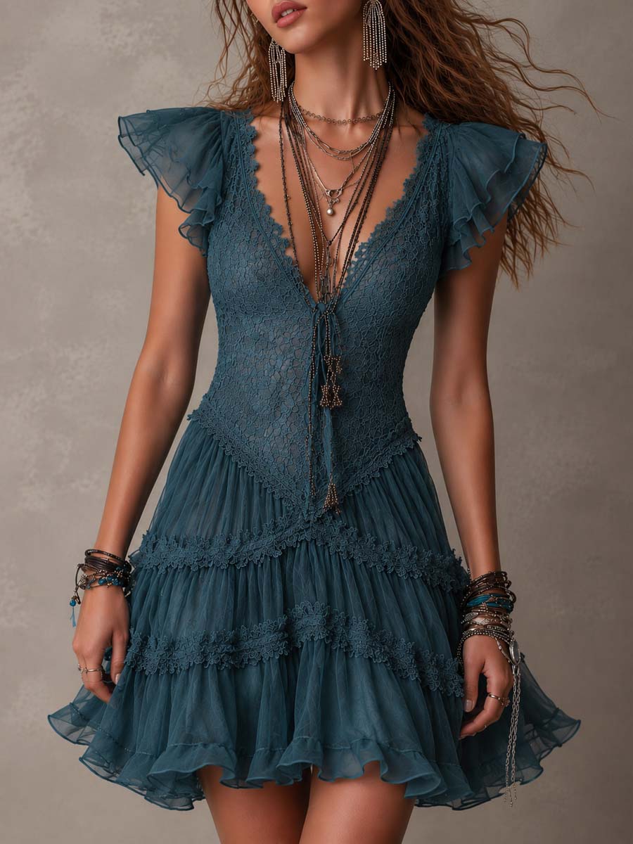 Azurine | Mini Vestido de Volantes en Encaje Azul Retro y Gasa