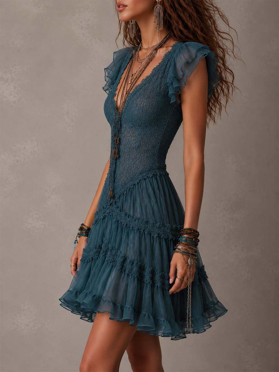 Azurine | Mini Vestido de Volantes en Encaje Azul Retro y Gasa