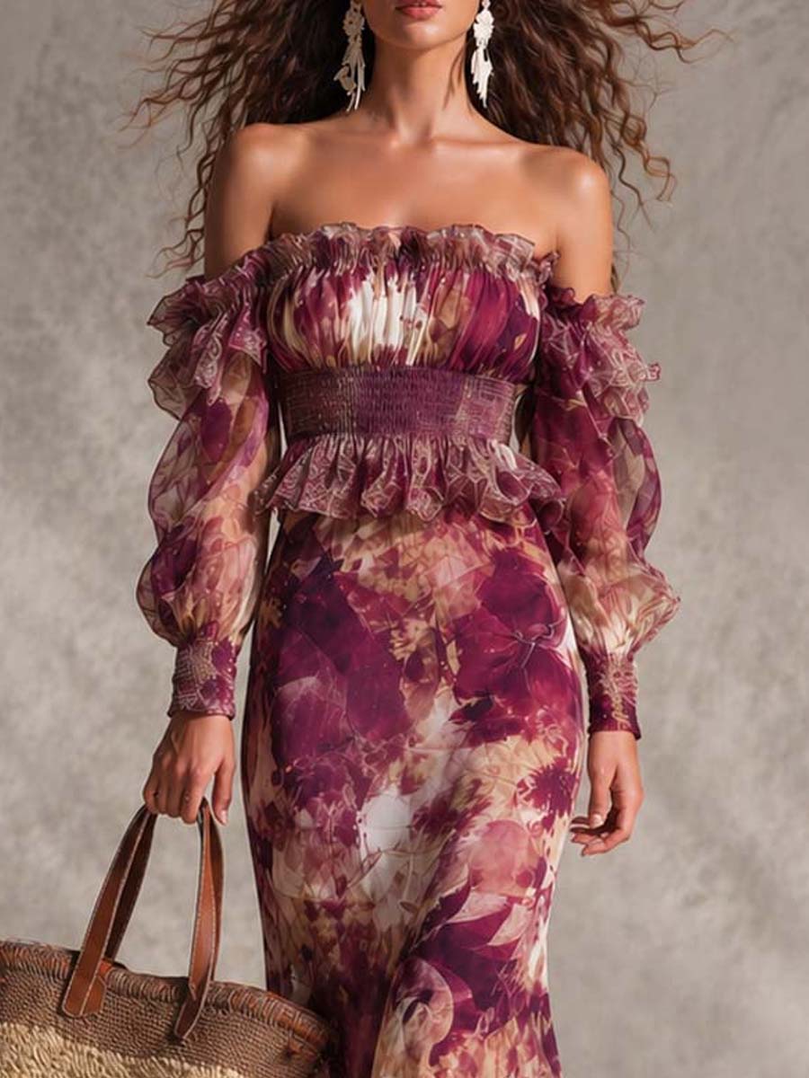 Rosine | Vestido Maxi Hombros Descubiertos Rosa Antiguo, Motivo Floral