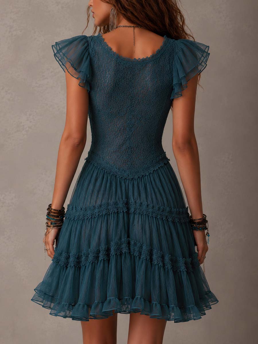 Azurine | Mini Vestido de Volantes en Encaje Azul Retro y Gasa
