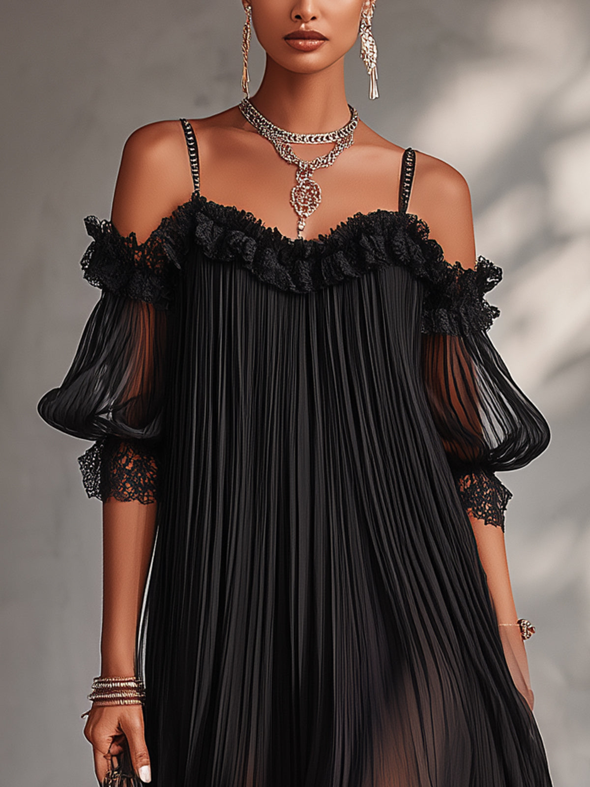 Léonie | Mini Vestido Negro, Hombros Descubiertos, Borde de Encaje