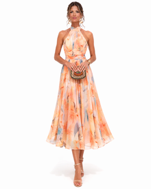 Aurora | Vestido con escote Halter y Estampado Acuarela en Naranja