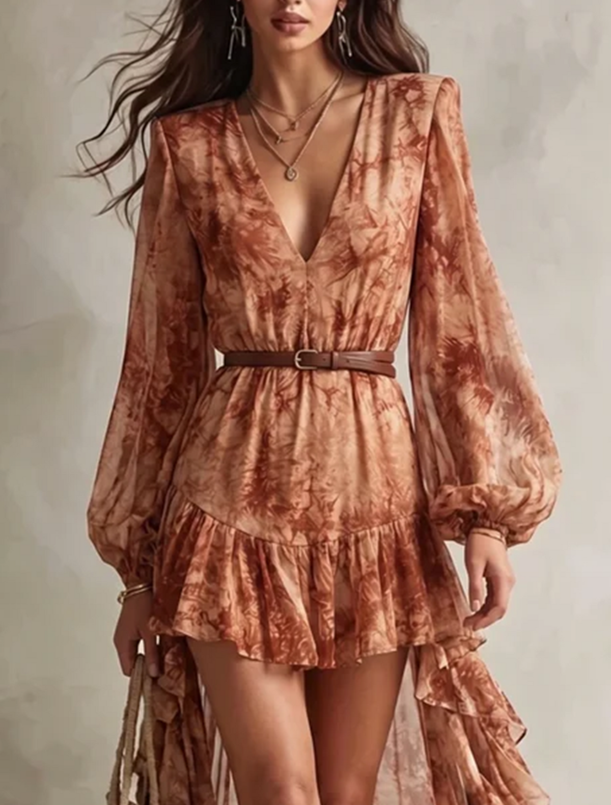 Clémence | Mini Vestido de Manga Larga, Cuello en V, Estampado Floral Terracota