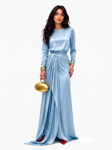 Elegante Vestido Maxi de Satén Drapeado en Azul
