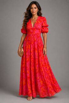 Olympe | Vestido Fluido en Rosa y Naranja en Rojo