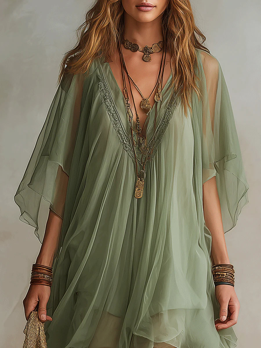 Émeraude | Mini Vestido Fluido Superpuesto, Cuello en V Verde