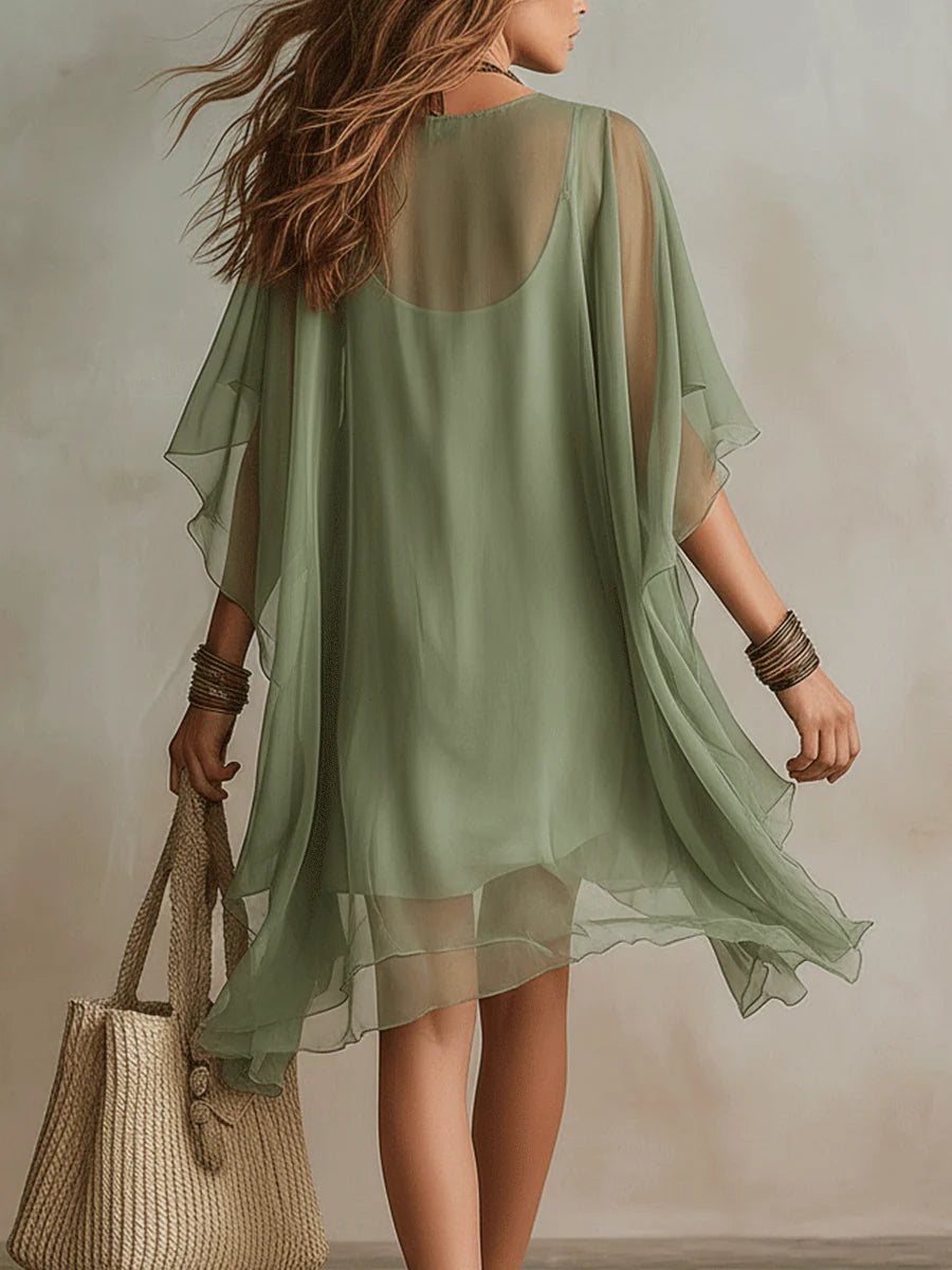 Émeraude | Mini Vestido Fluido Superpuesto, Cuello en V Verde