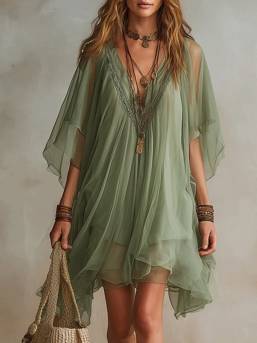 Émeraude | Mini Vestido Fluido Superpuesto, Cuello en V Verde