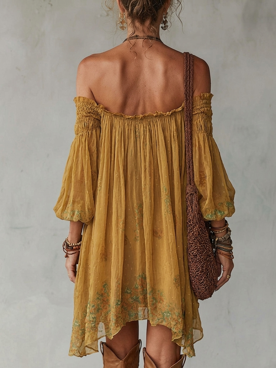 Jonquille | Mini Vestido Floral Amarillo, Hombros Descubiertos