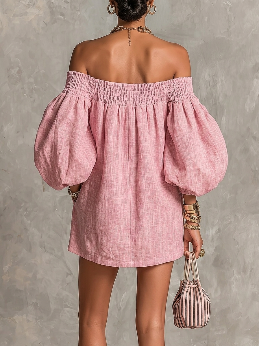 Rosabelle | Mini vestido trapecio suelto, mangas con linterna, hombros descubiertos en color rosa