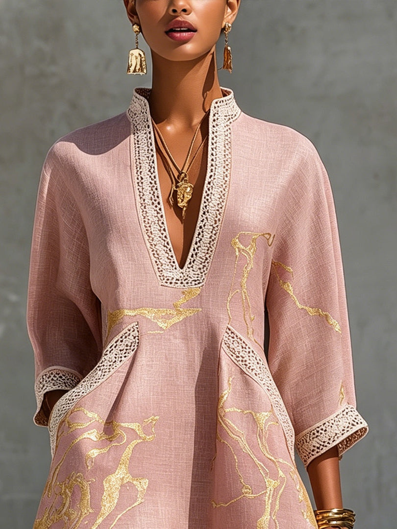 Aurore | Mini Vestido Cuello en V, Estampado Oro Rosa