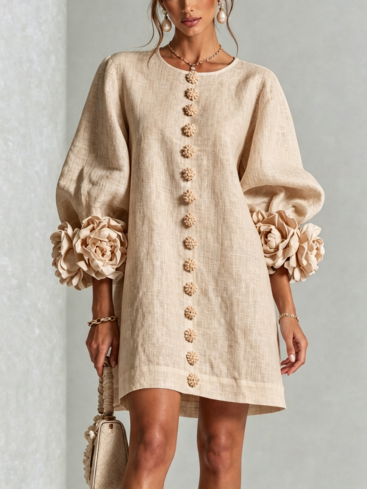 Cecilia | Vestido Mini de Mezcla de Lino con Puños Anudados en Flor