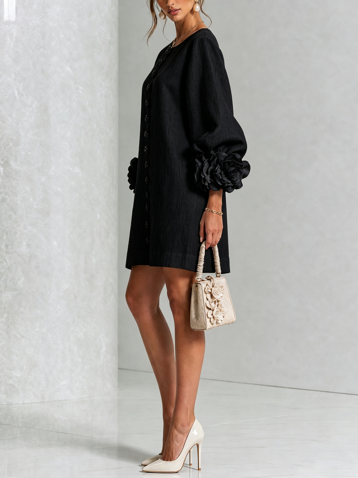 Cecilia | Vestido Mini de Mezcla de Lino con Puños Anudados en Flor, Negro