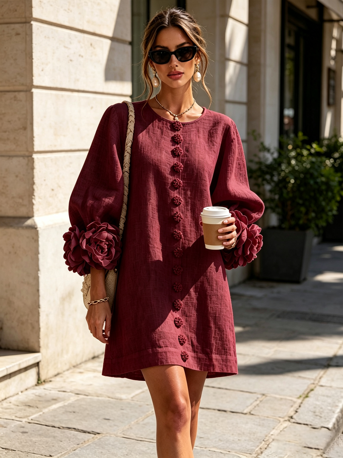 Ilaria | Abito Mini in Misto Lino con Polsini a Rosa, Bordeaux