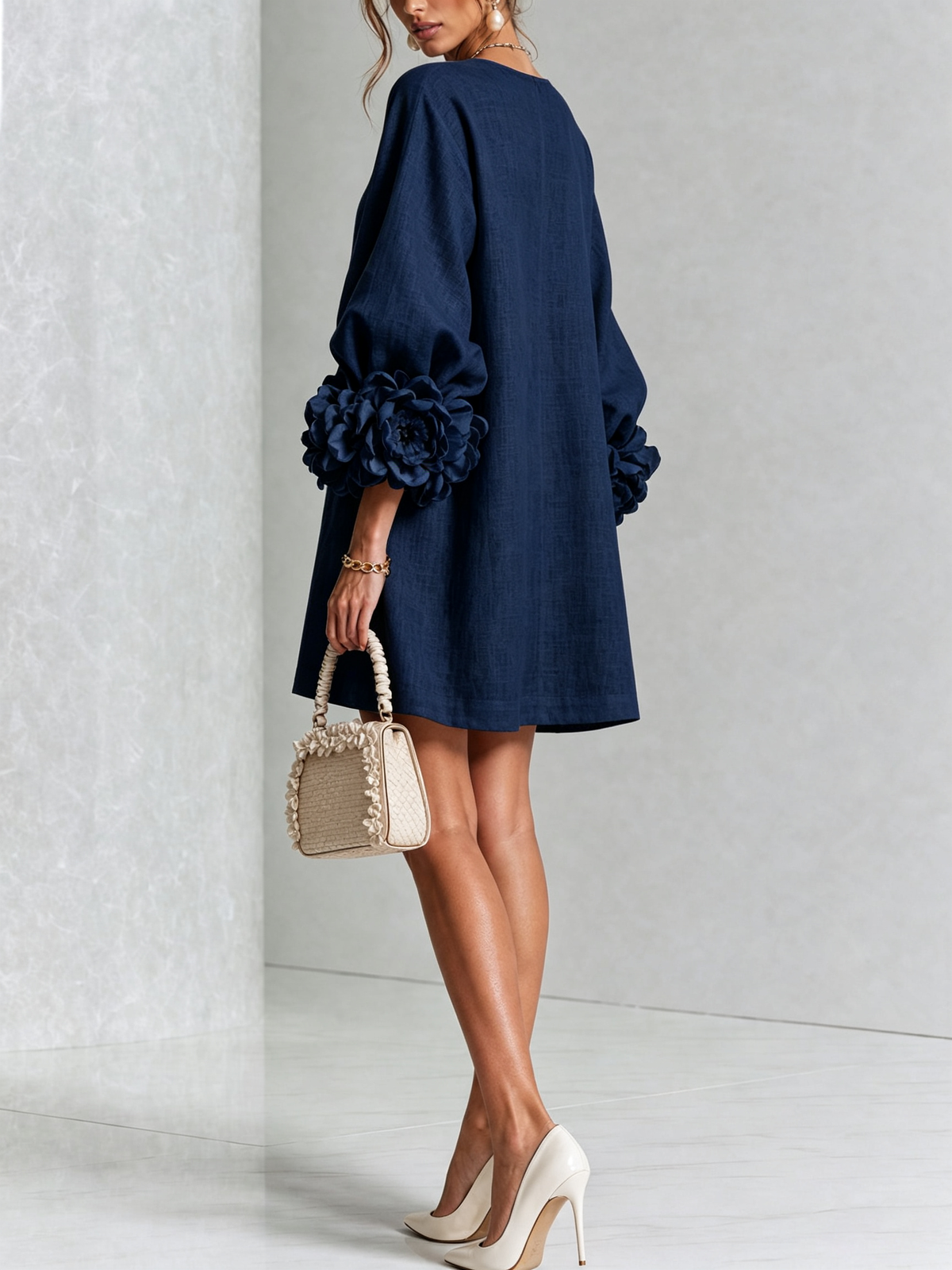 Cecilia | Vestido Mini de Mezcla de Lino con Puños Anudados en Flor
