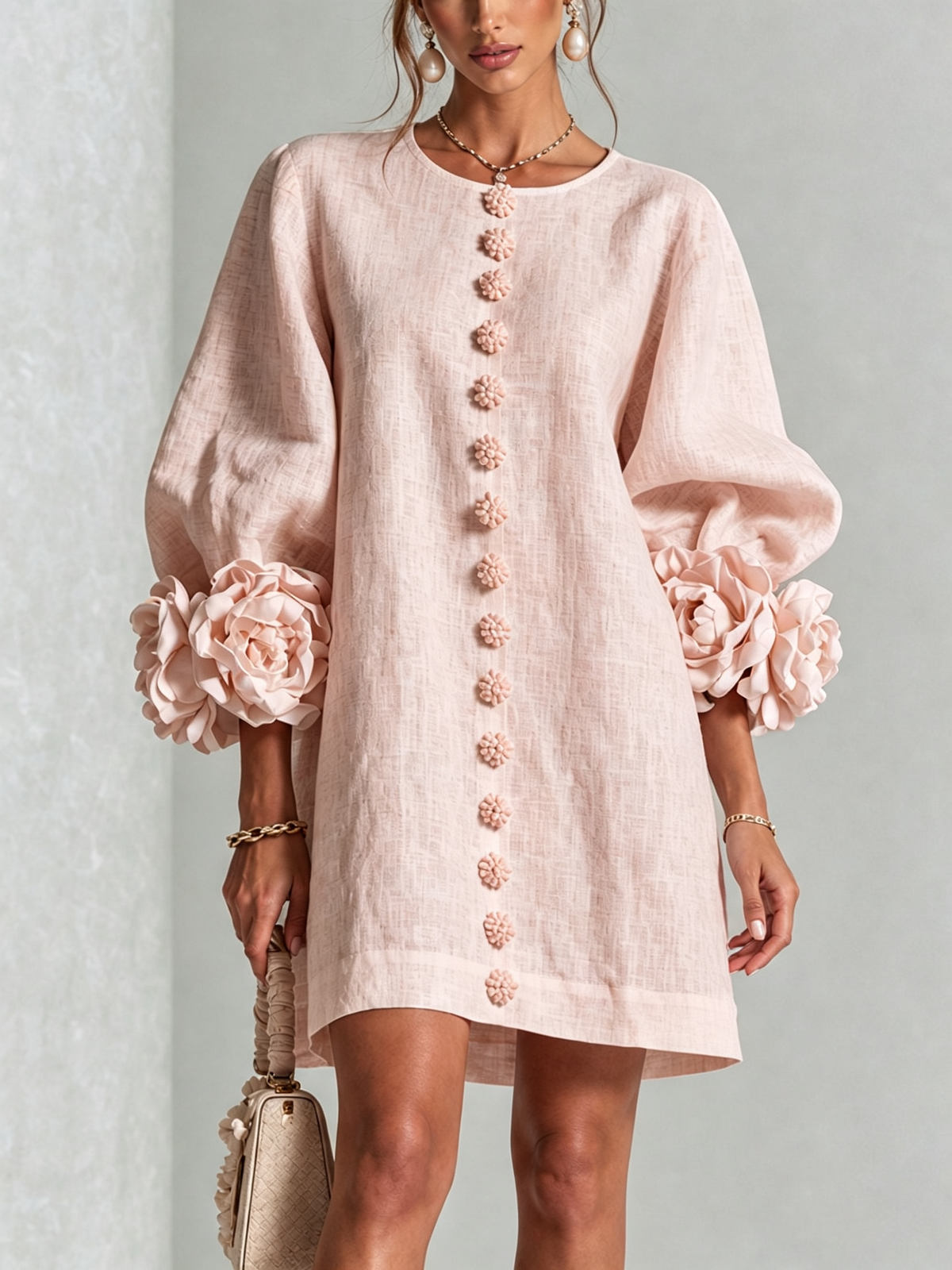 Cecilia | Vestido Mini de Mezcla de Lino con Puños Anudados en Flor