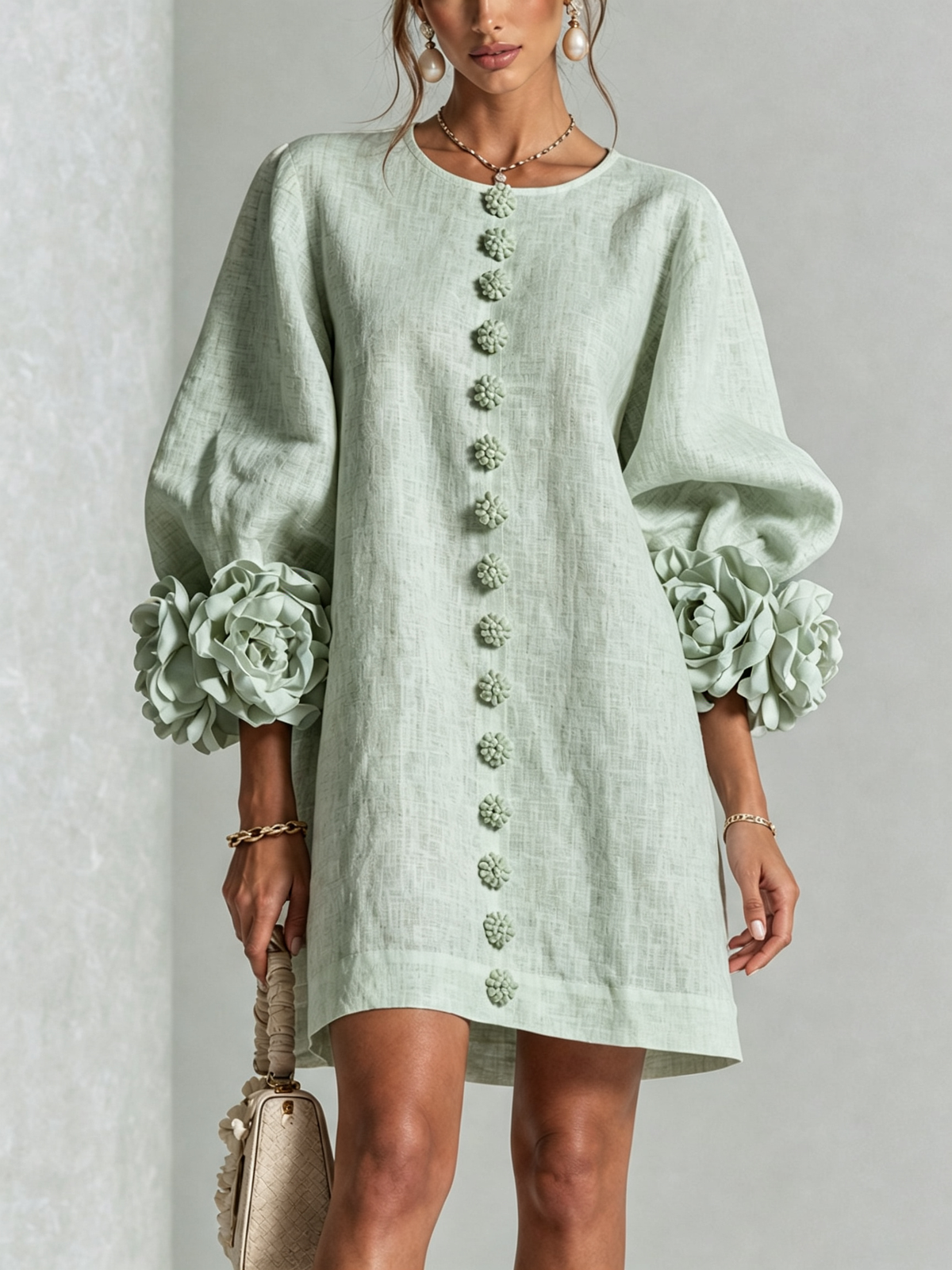 Cecilia | Vestido Mini de Mezcla de Lino con Puños Anudados en Flor