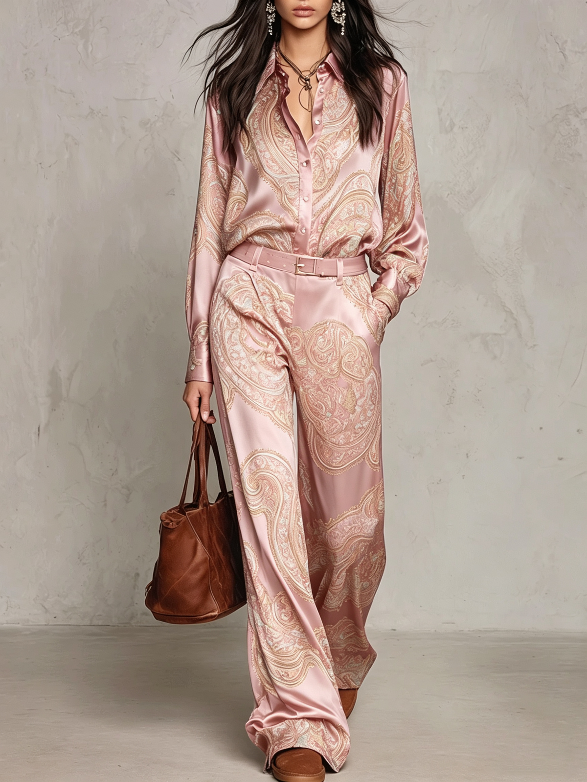 Set de Camisa de Manga Larga en Satén con Estampado Paisley Rosa y Pantalones de Pierna Ancha (con cinturón)
