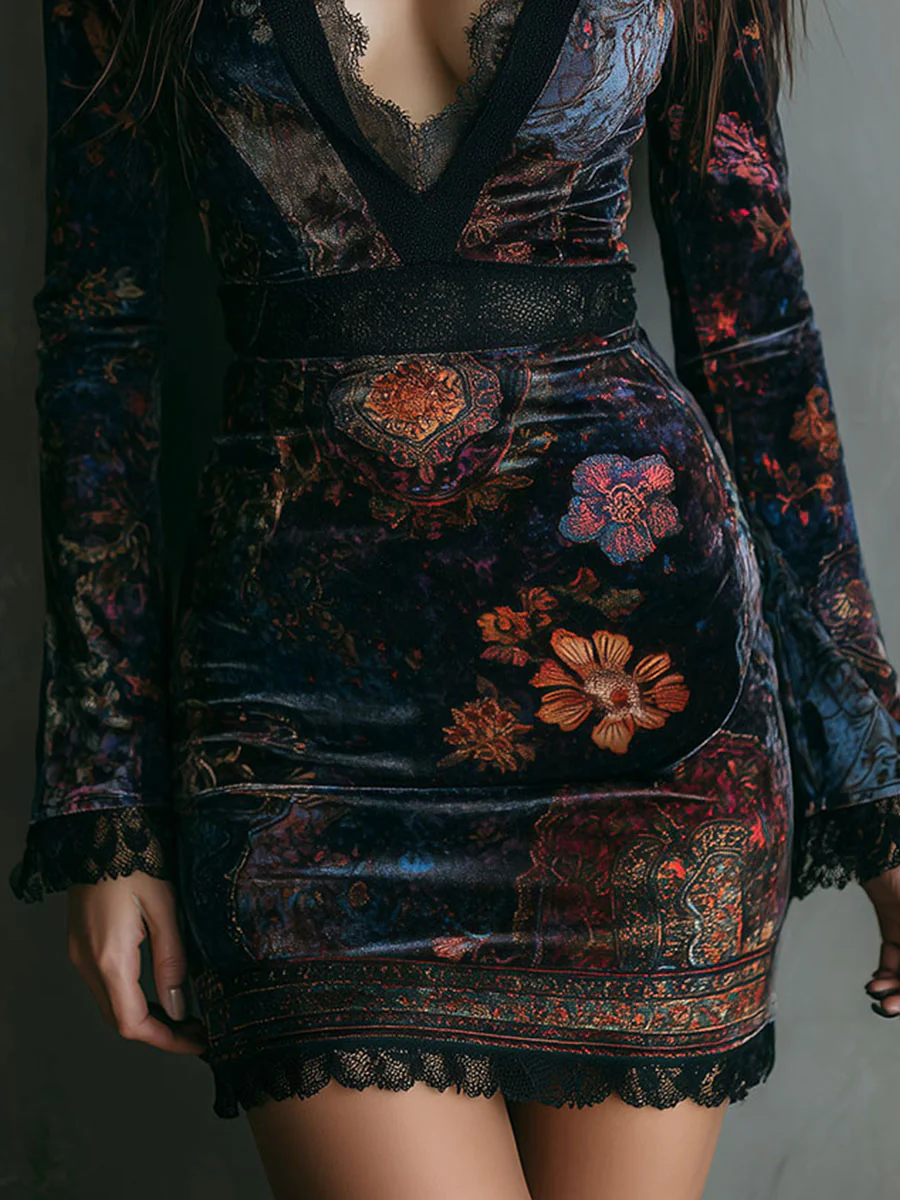 Iris | Mini Vestido Ajustado de Terciopelo, Encaje y Estampado Floral