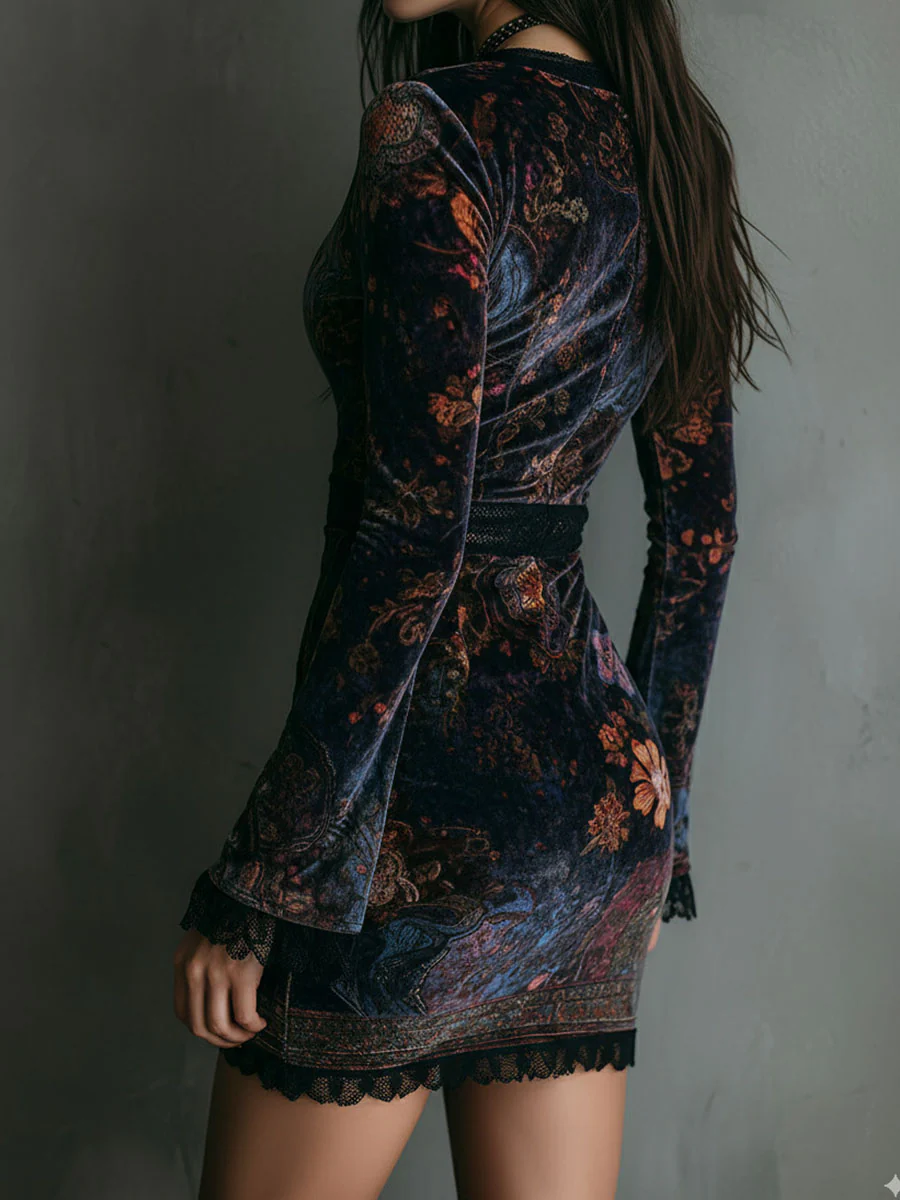 Iris | Mini Vestido Ajustado de Terciopelo, Encaje y Estampado Floral