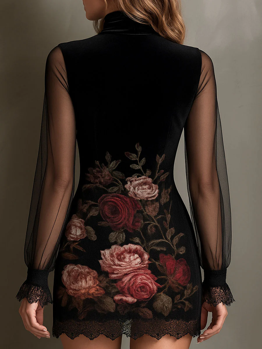 Eglantina | Mini Vestido en Tul, Estampado Rosa y Encaje