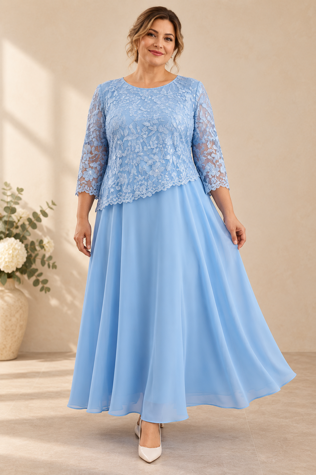 Concepto editorial de Dalia en Azul cielo, vestido largo con encaje floral de Leire Marín