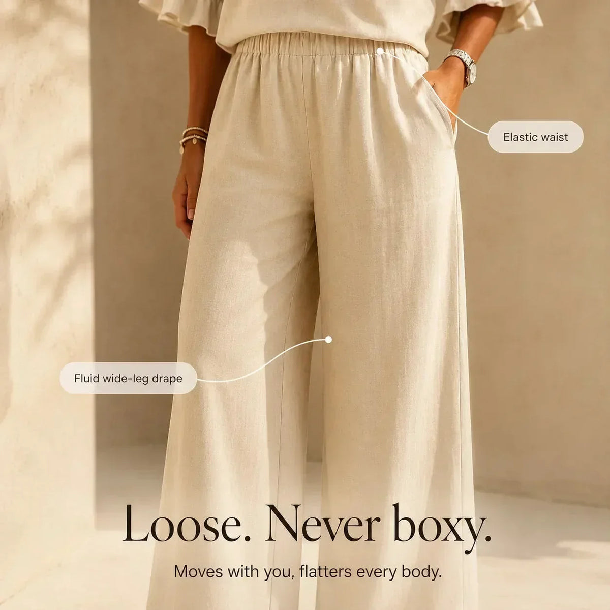 Louna | Conjunto Efecto Lino con Mangas de Volante y Pantalones Anchos