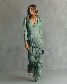 Chiara | Vestido Elegante con Mangas de Flecos en Verde claro