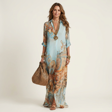 AliceLeon™ | Vestido Camisero Maxi de Seda en Azul