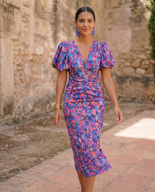 Carla™ | Vestido Midi Floral con Mangas Abullonadas en Lila